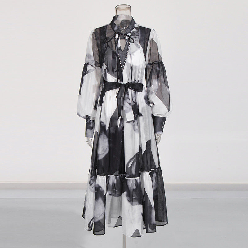 Women Vintage Paint Print Belt V-neck Long Sleeve Dress 11