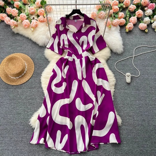 Chic Short-Sleeve Summer Holiday Slim Waist Print Dress 17