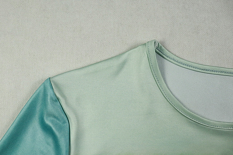 Career Women's Print Pleated Waist Tie Slim Fit Bodycon Round Neck Long-Sleeve Dress 11