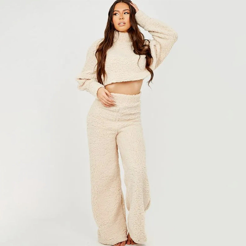 Women Casual Lounge Clothes Loose Sherpa Long Sleeve Top and Pant Two-piece Set 6
