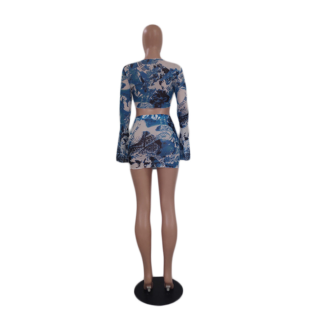 Women's Summer Long-Sleeved Crop Top Mesh Printed Skirt Two Piece Set 6