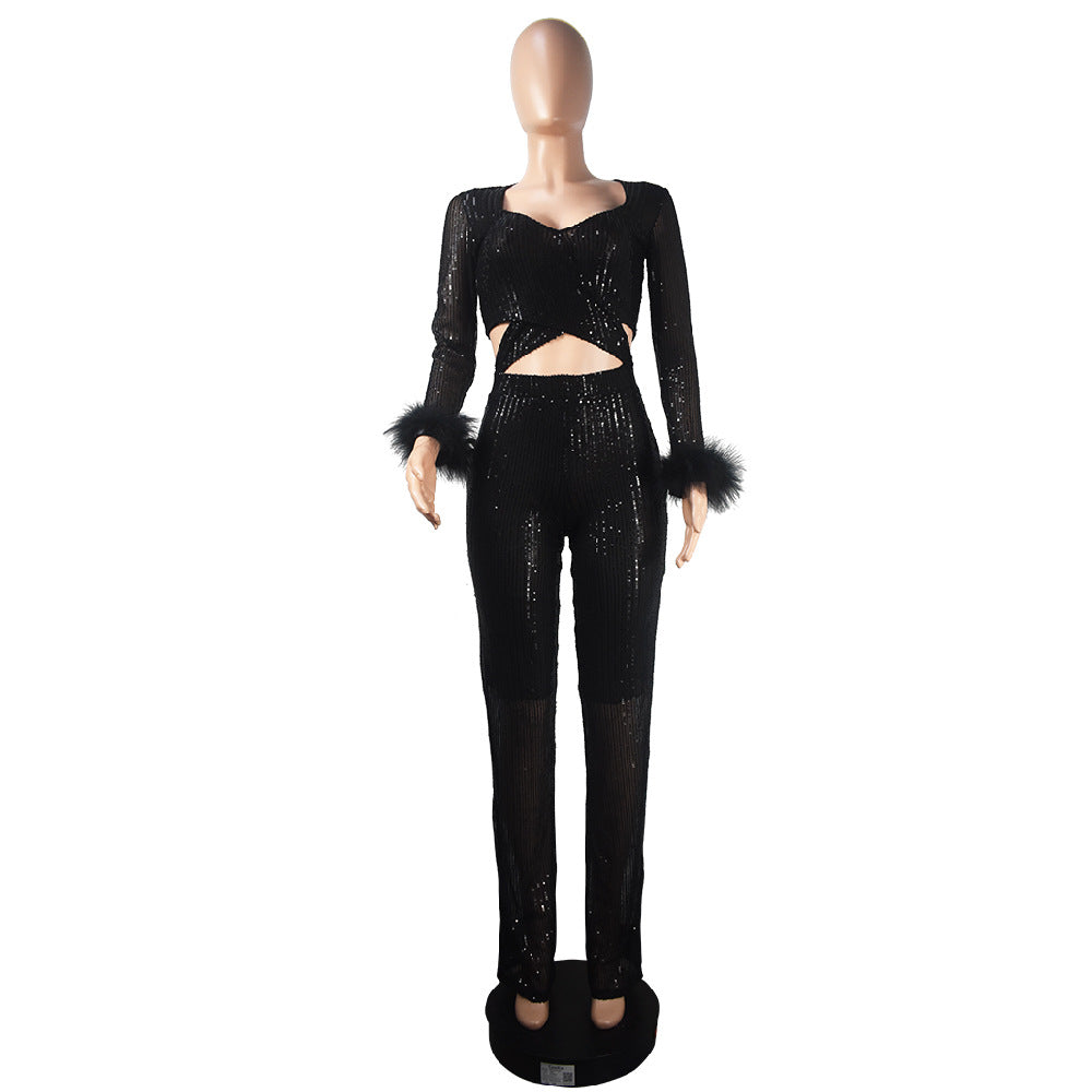 Autumn and winter long sequined feather hollow-out slim long-sleeved party Jumpsuit 13