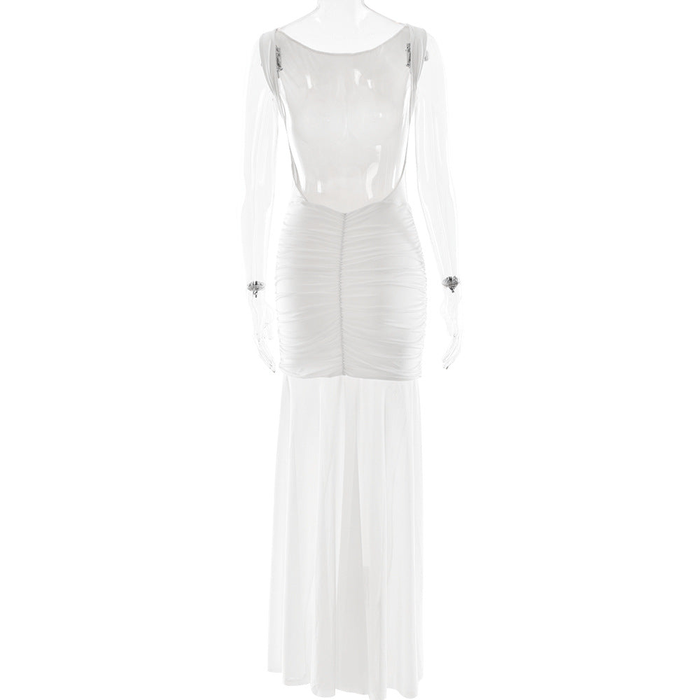 Women's Summer Sexy Solid Sleeveless Low Back Slit Pleated Long Dress 11