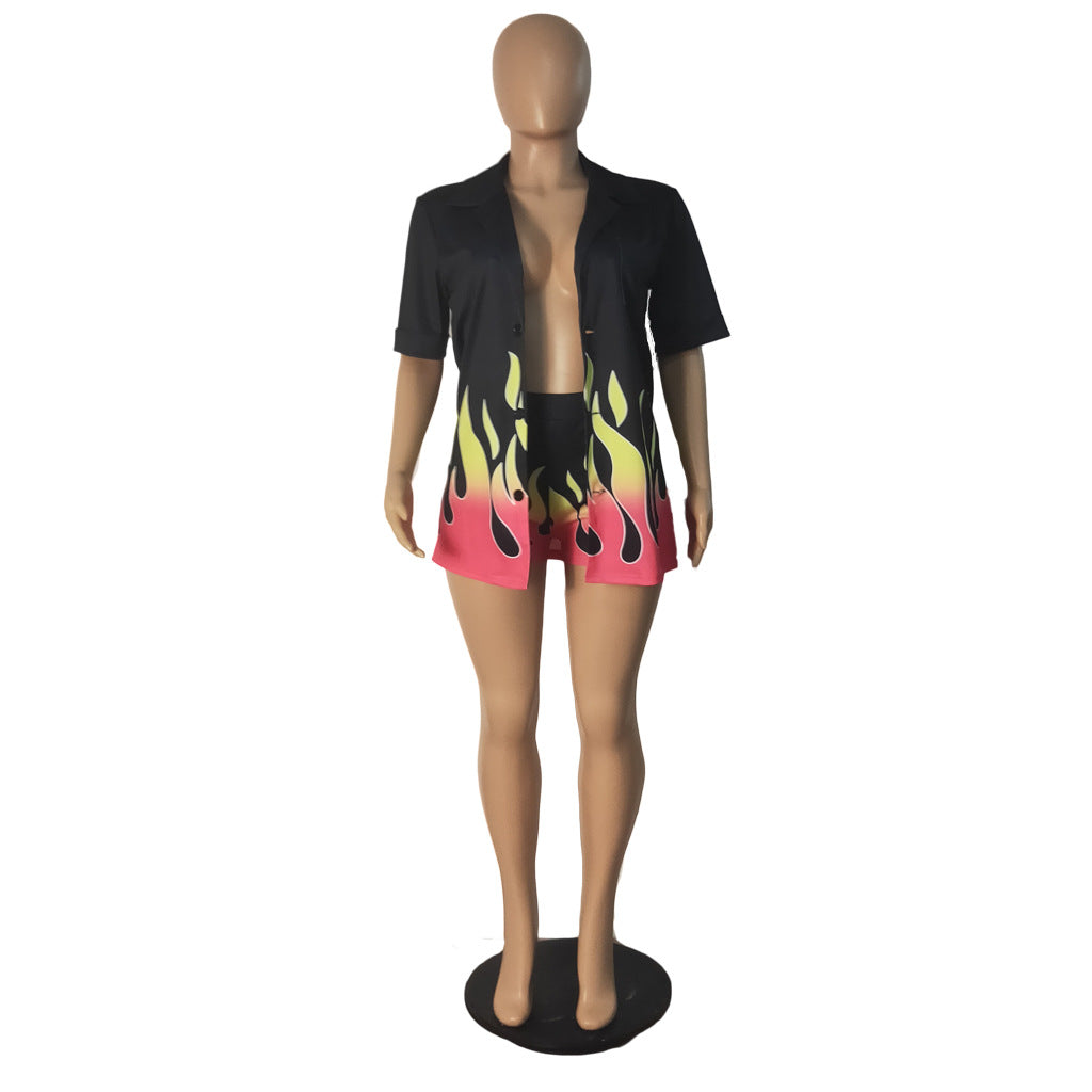 Flame Print Sexy Turndown Collar Women's Fashion Two-Piece Set 9
