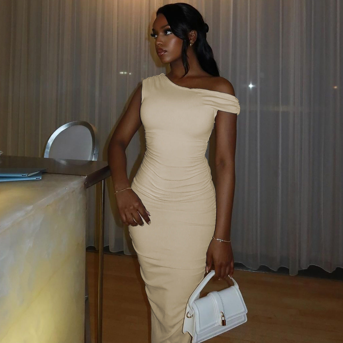 Women's Summer Fashion Solid Color Slash Shoulder Pleated Slim Chic Dress 9