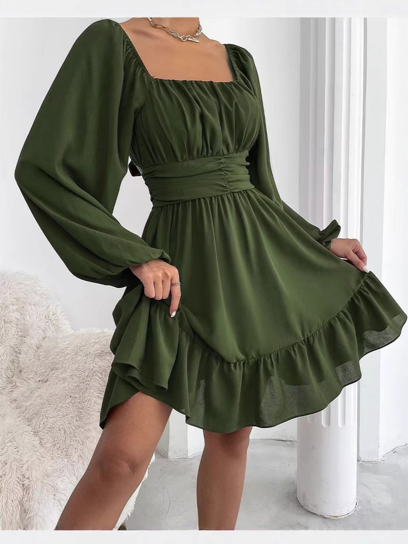 Women's Sexy Fashion Solid Color Lace-Up Bell Bottom Sleeve Ruffle Jumpsuit