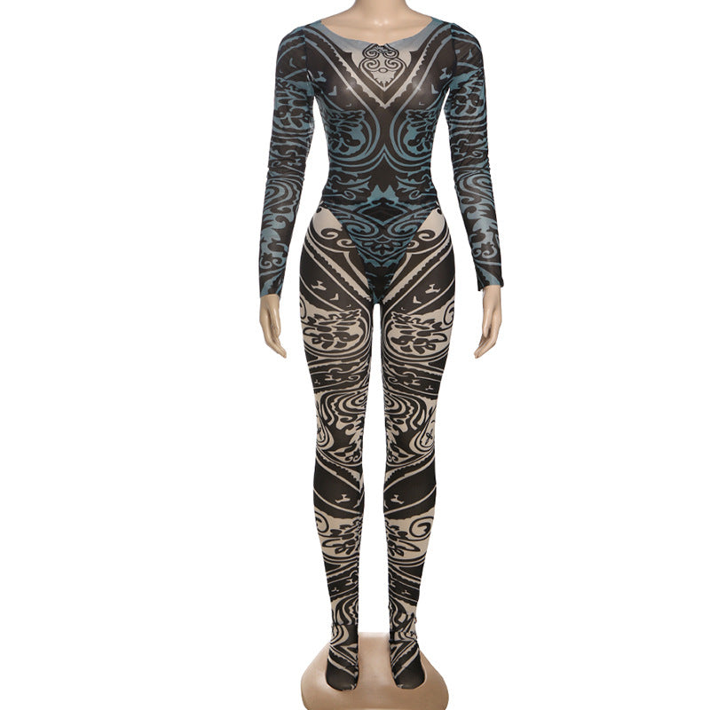 Women Summer Sexy Mesh Long Sleeve Bodysuit and Pants Two-piece Set 8