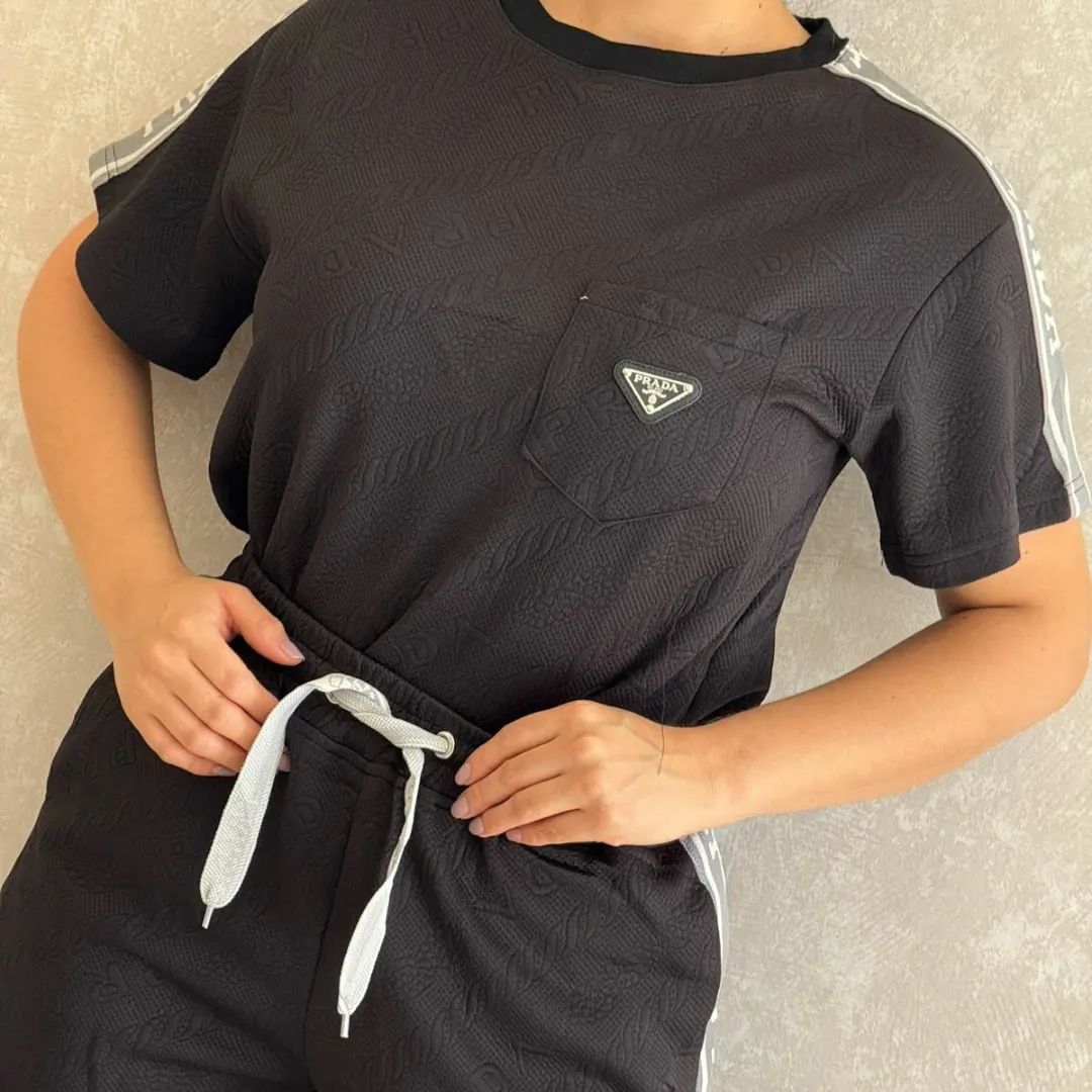 Women embossed short sleeve Top and shorts two-piece set