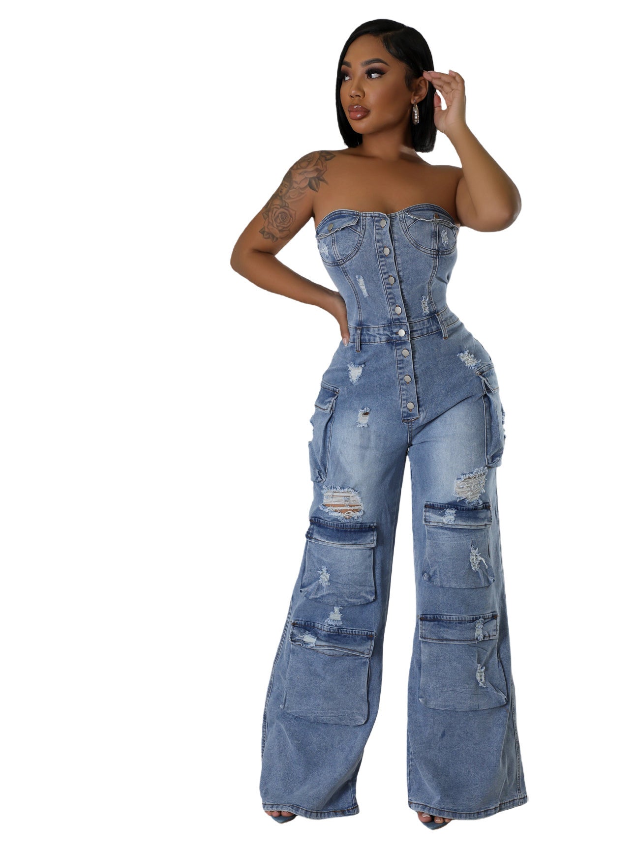 Women Casual Strapless Cargo Denim Jumpsuit 3