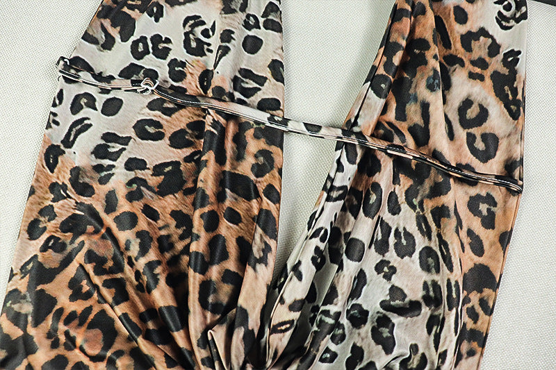 Women's Leopard Print Deep V-Neck Sleeveless Low Back Long Dress 12