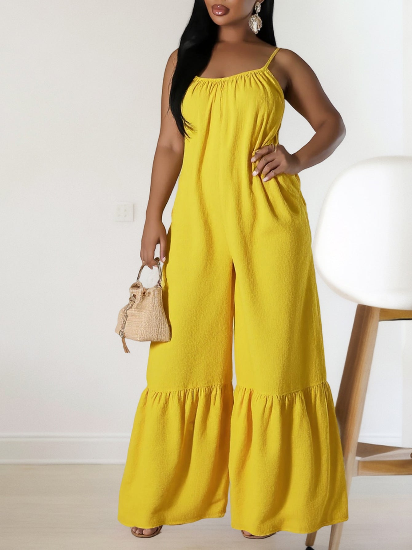 Women's Fashion Solid Color Strap Sleeveless Casual Loose Jumpsuit