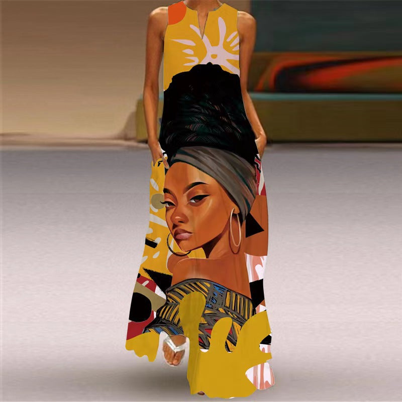 Summer women's sleeveless dress v-neck printed face dress 9