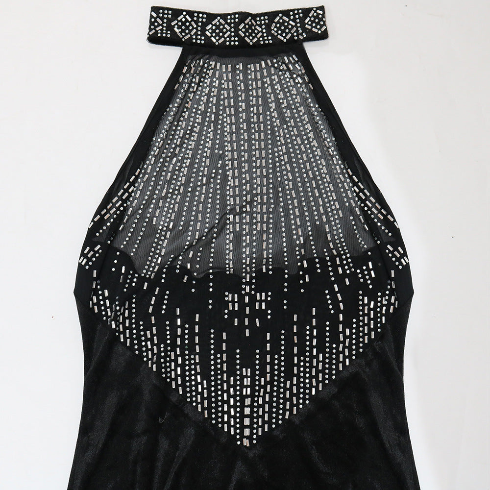 Women See-Through Mesh Beaded Patchwork Velvet Halter Neck Bodycon Dress 9