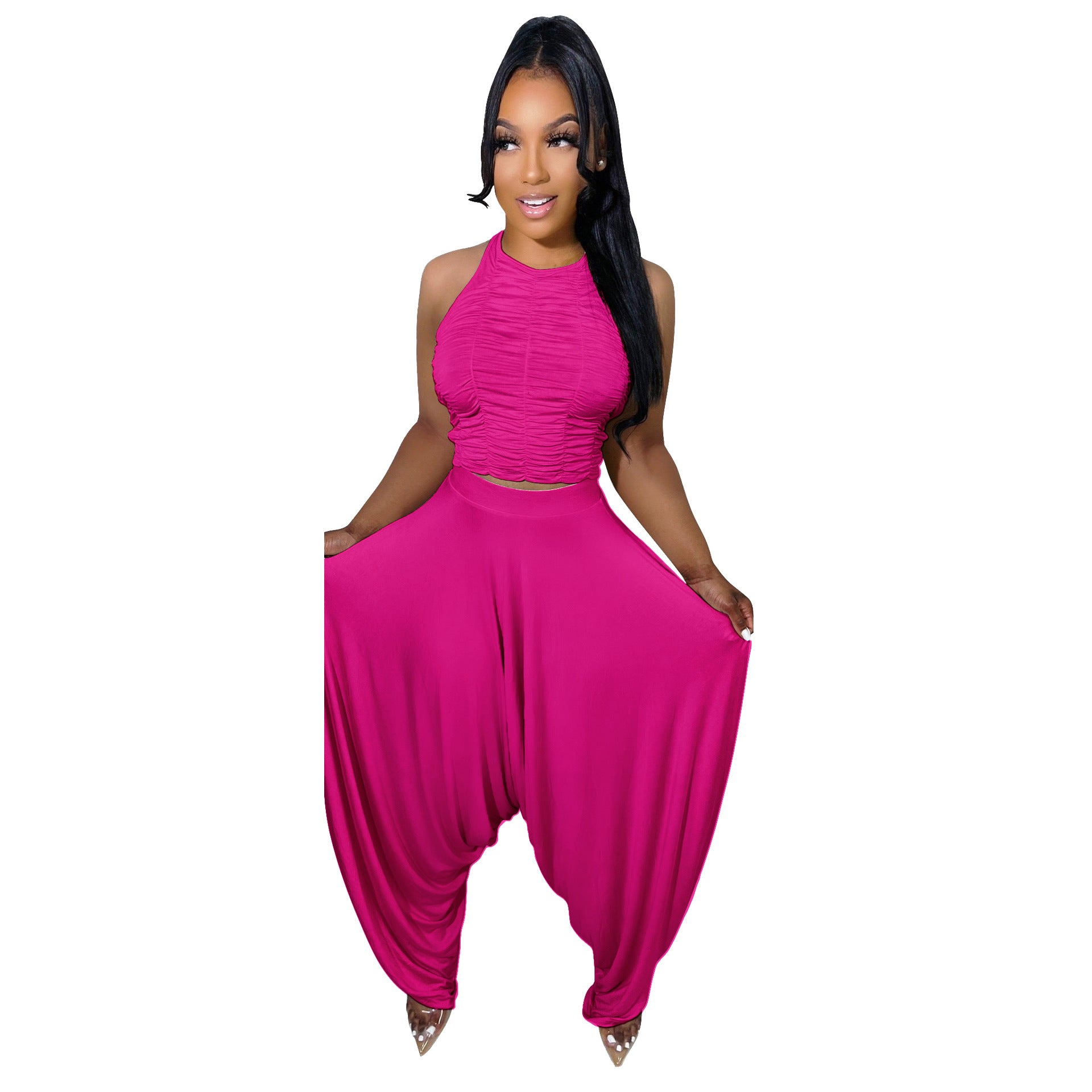 Women summer sexy pleated sleeveless top + wide leg pants two-piece set 16