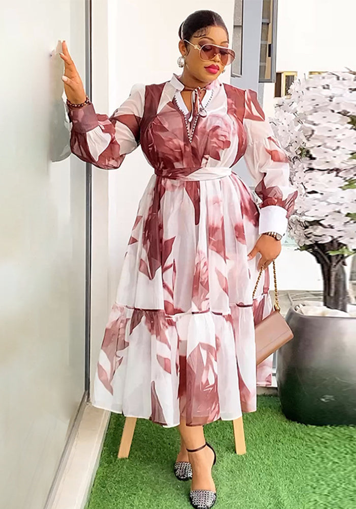 Women Vintage Paint Print Belt V-neck Long Sleeve Dress