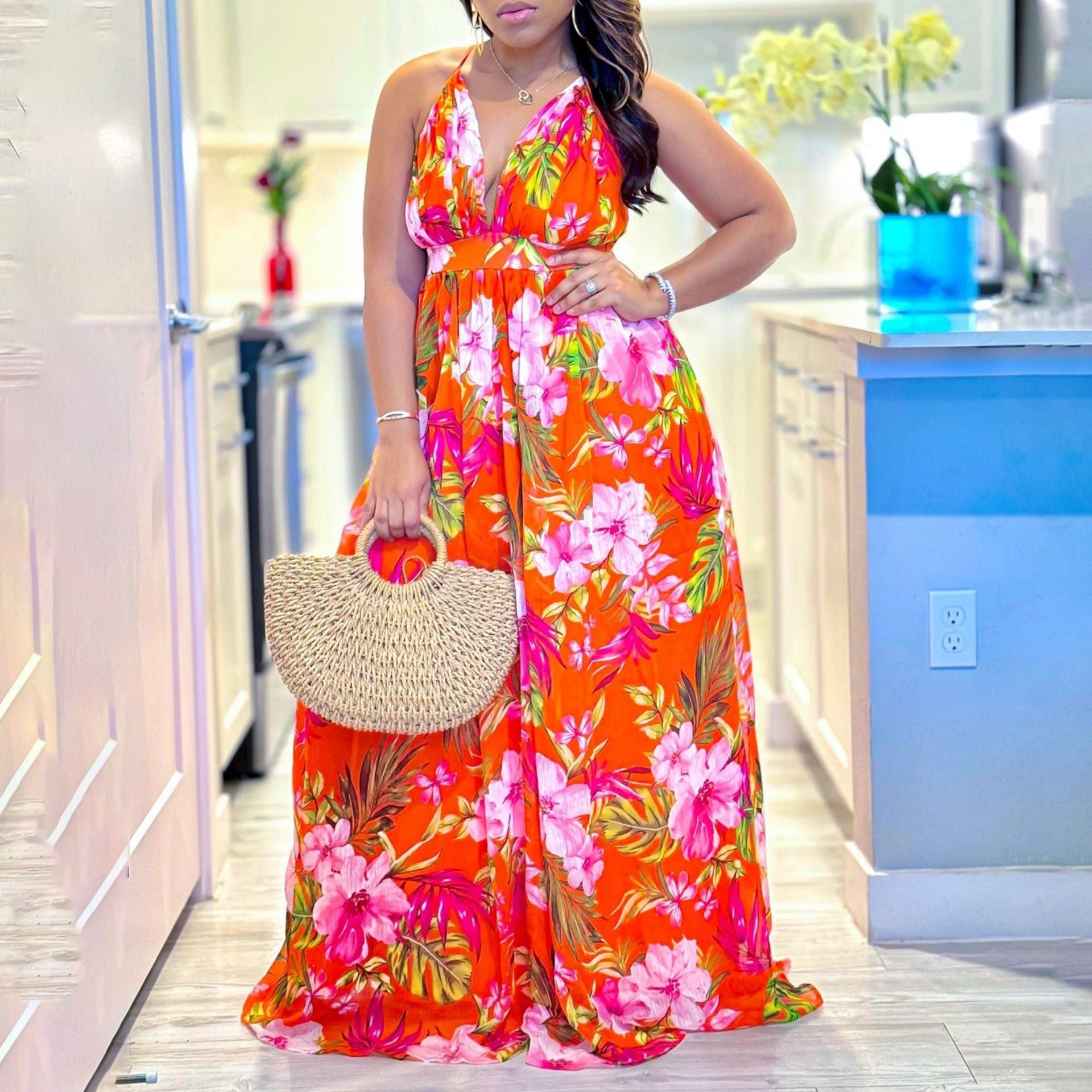 Summer Fashionable Chic V-Neck Strap Printed Beach Long Sexy Dress 4