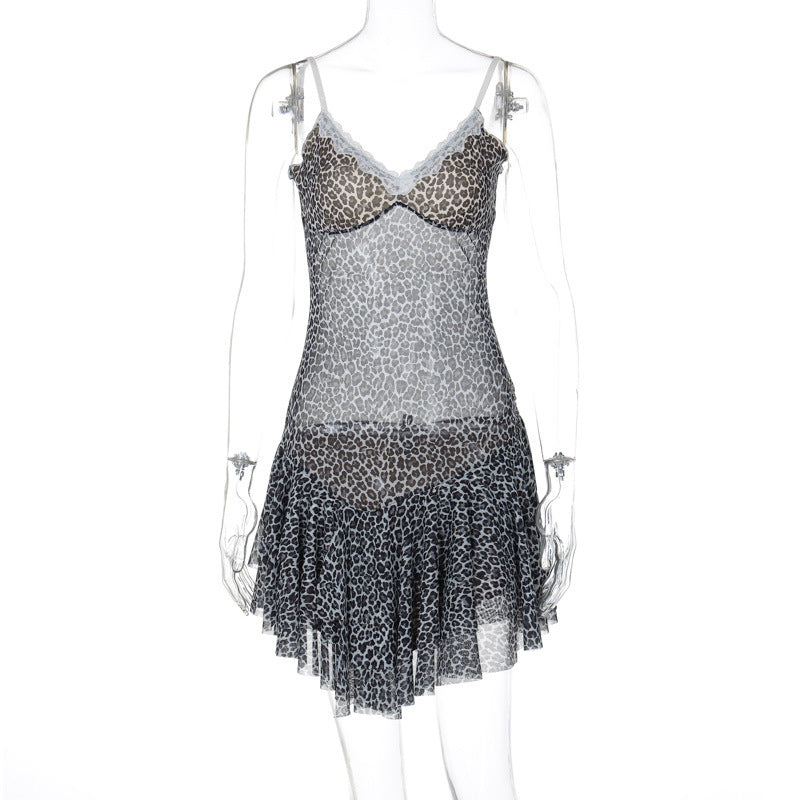 Women Summer Leopard Print V-neck Mesh Patchwork Ruffle Strap Dress 6
