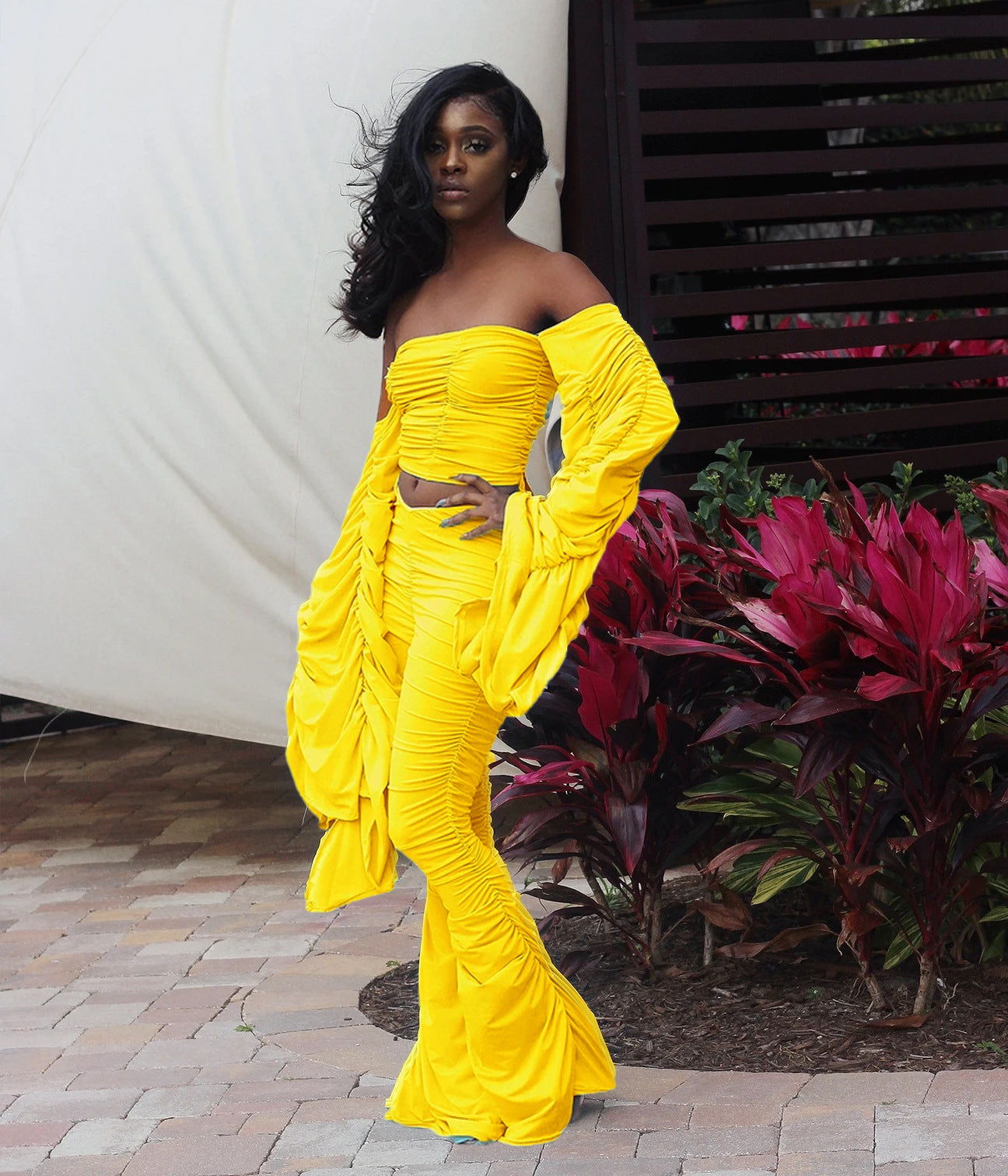 Women Long Sleeve Solid Pleated Off Shoulder Sexy Top and Pant Two-piece Set 4