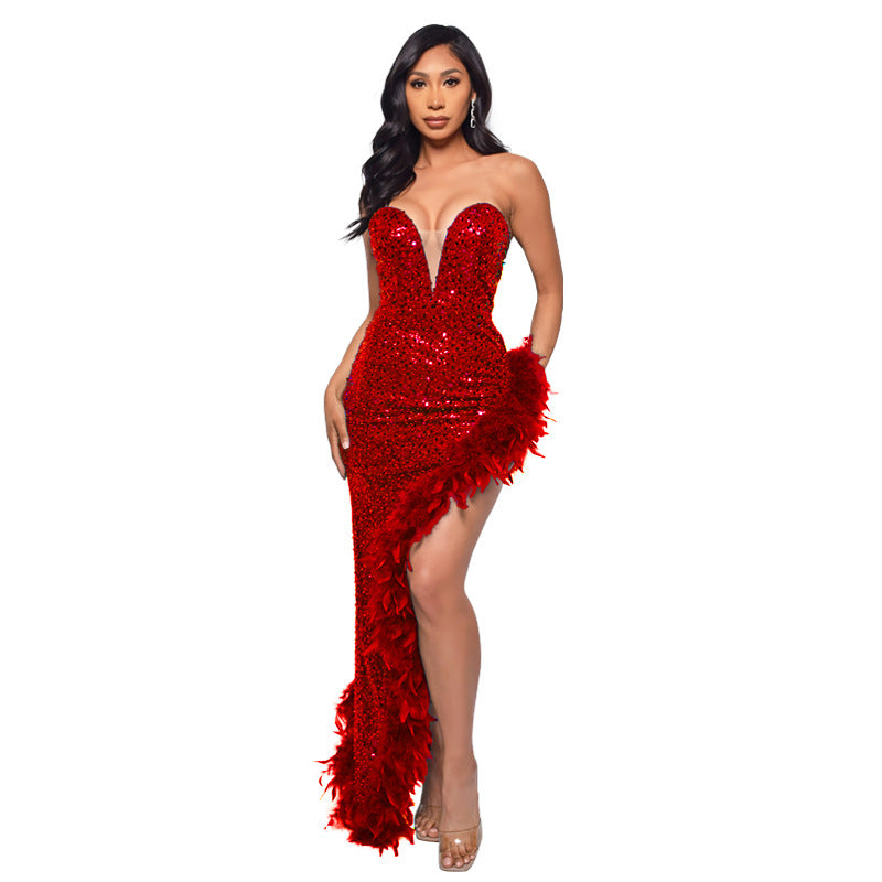 Women Sexy Off Shoulder Backless Sequin Feather Dress 5