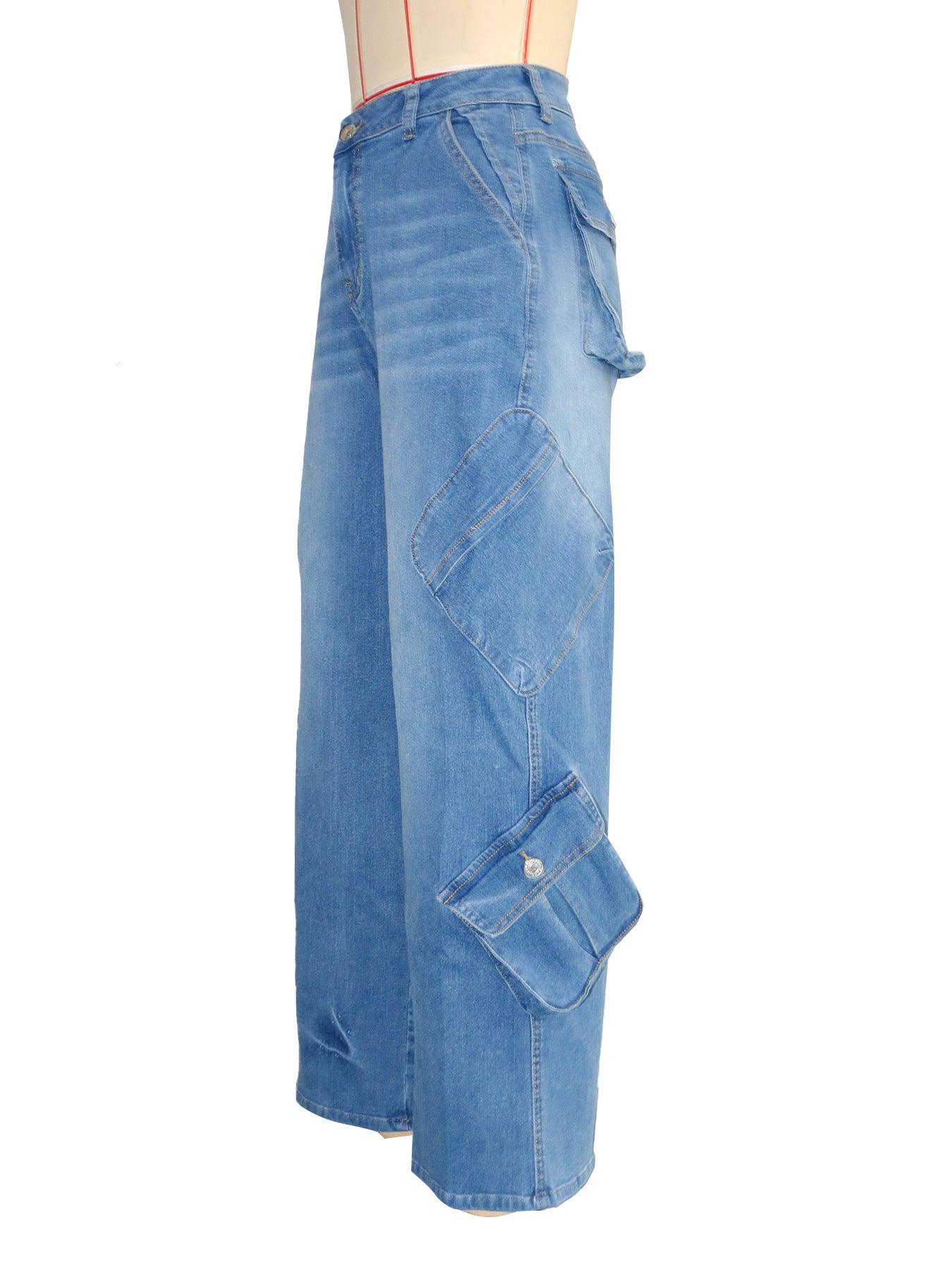 Fashion Light Blue Multi-Pocket Loose Denim Pants 8