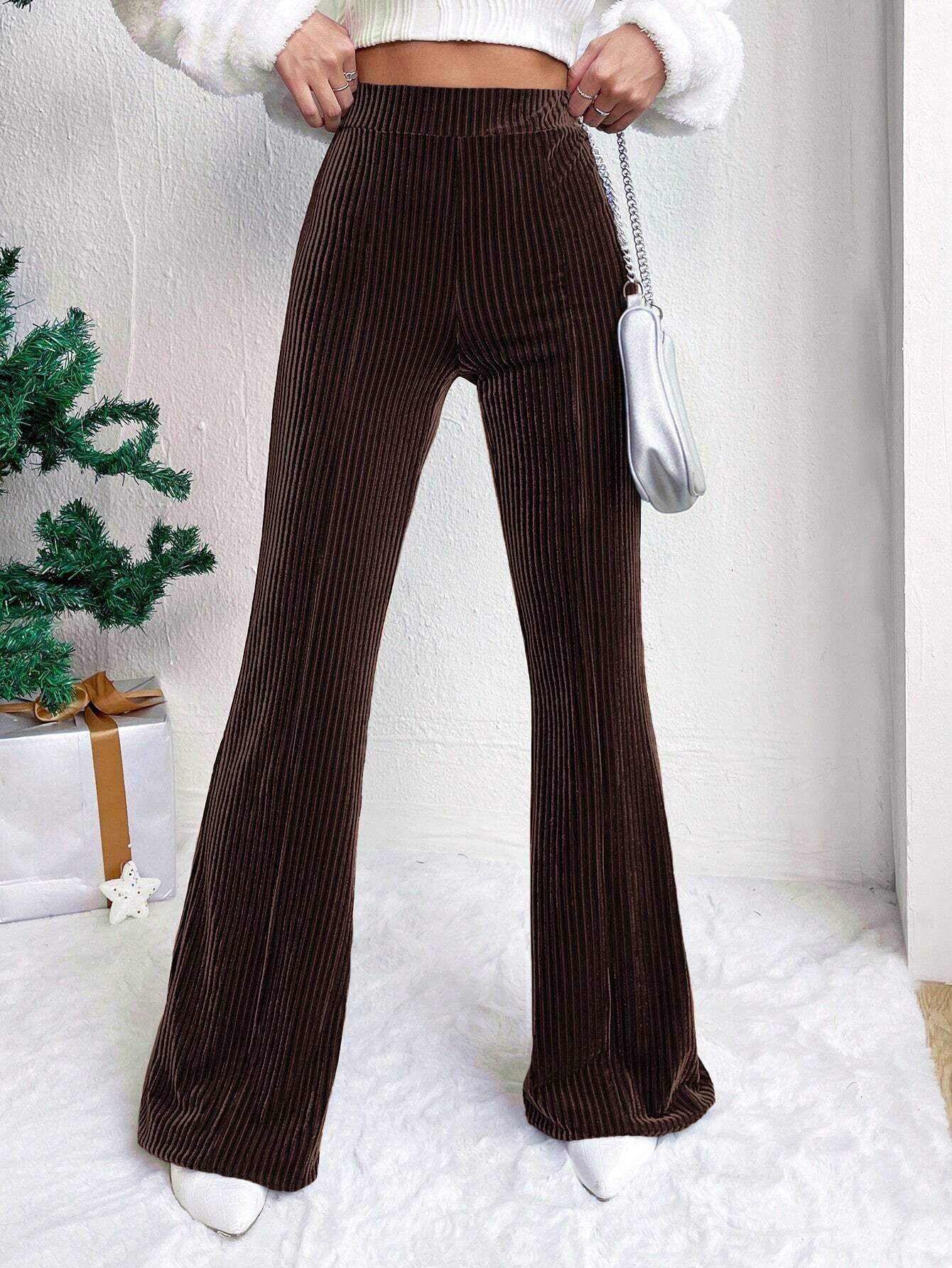 Autumn Winter Women High Waist Corduroy Bell Bottom Pants Solid Color Casual Wide-Leg Long Sweatpants 7