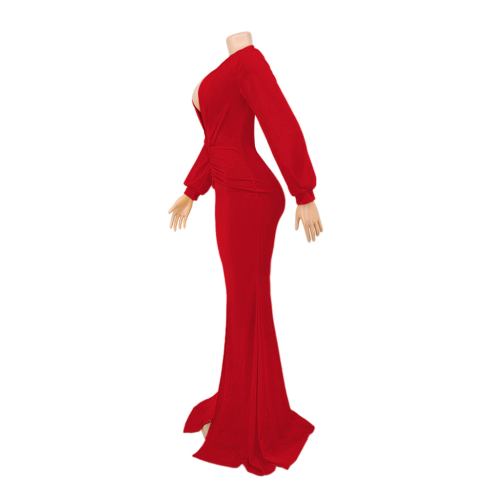 Spring Long Sleeve Deep-V Front Slit Mermaid Red Evening Dress 4