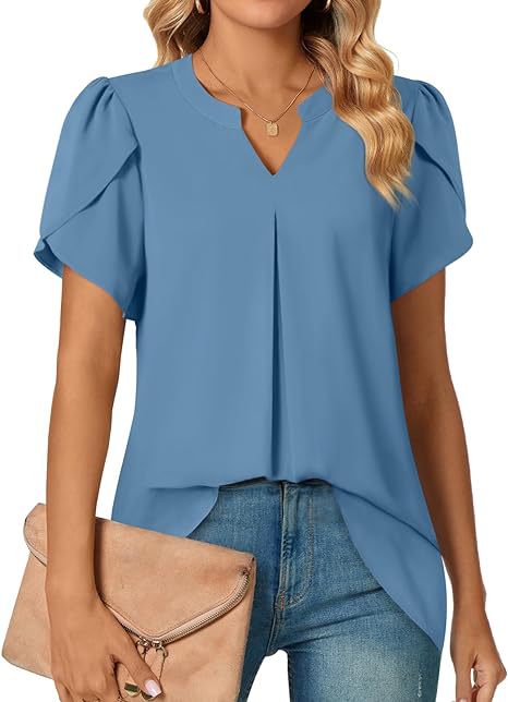 Women summer v-neck petal sleeve shirt 6