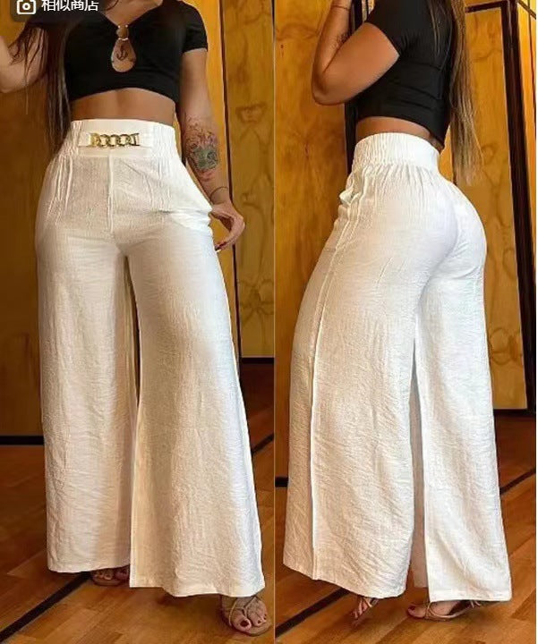 Women Solid High Waist Loose Wide Leg Bell Bottom Pants 3