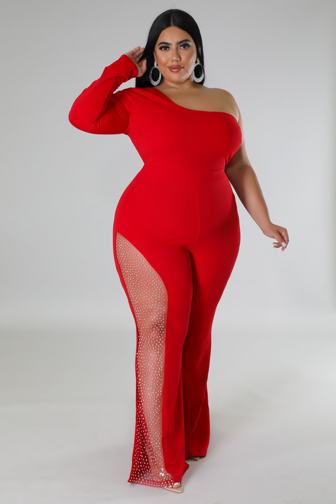 Women's Fashion One-Shoulder Long-Sleeved Mesh Patchwork One-Piece Flared Leg Jumpsuit 8