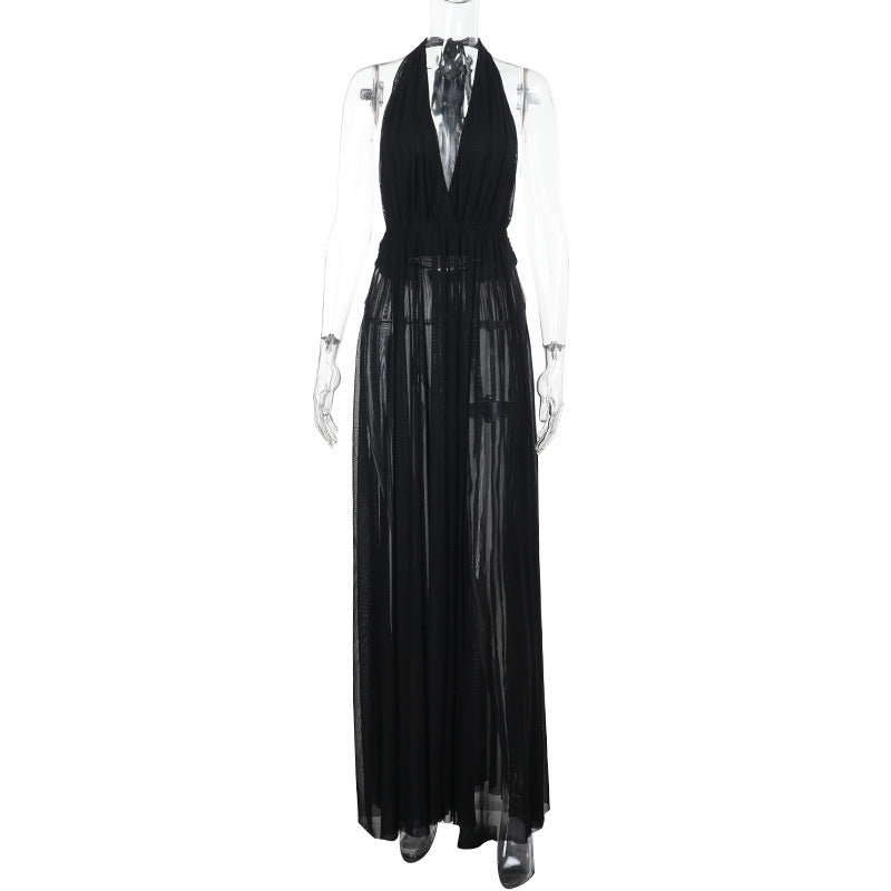 Women's Holidays Mesh Hollowed A-Line Deep V Halter Neck Long Dress 6