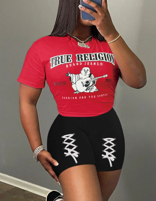 Women's Letter Printed Sports Suit Short-Sleeved Round Neck Casual Two-Piece Shorts Set