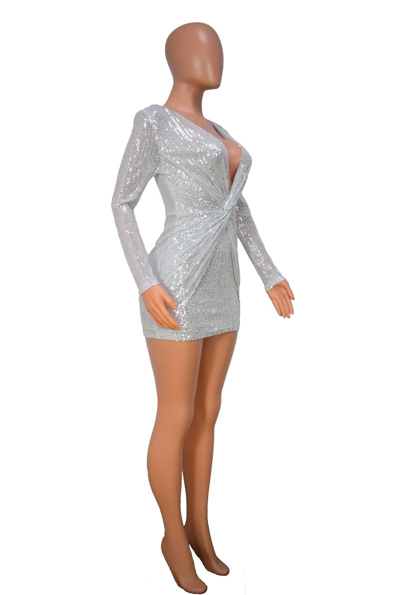 Women'S Spring Fashion Sequin V-Neck Ruched Slim Fit Bodycon Dress 9