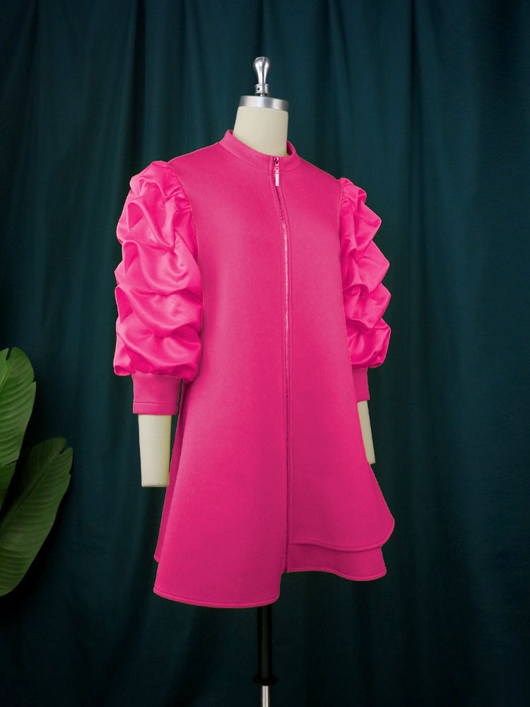 Plus Size Women's Career Stand Collar Pleated Sleeve A-Line Dresses 10