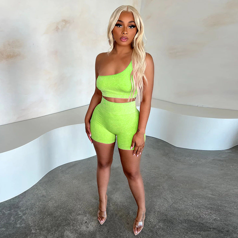 Slash Shoulder Sleeveless High-Rise Shorts Casual Tracksuit 6