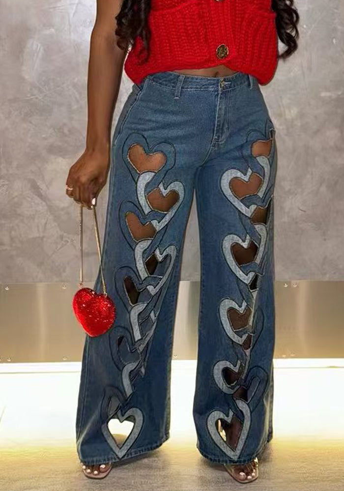 Women Stretchy Hollow Embroidery Heart Print Denim Pants