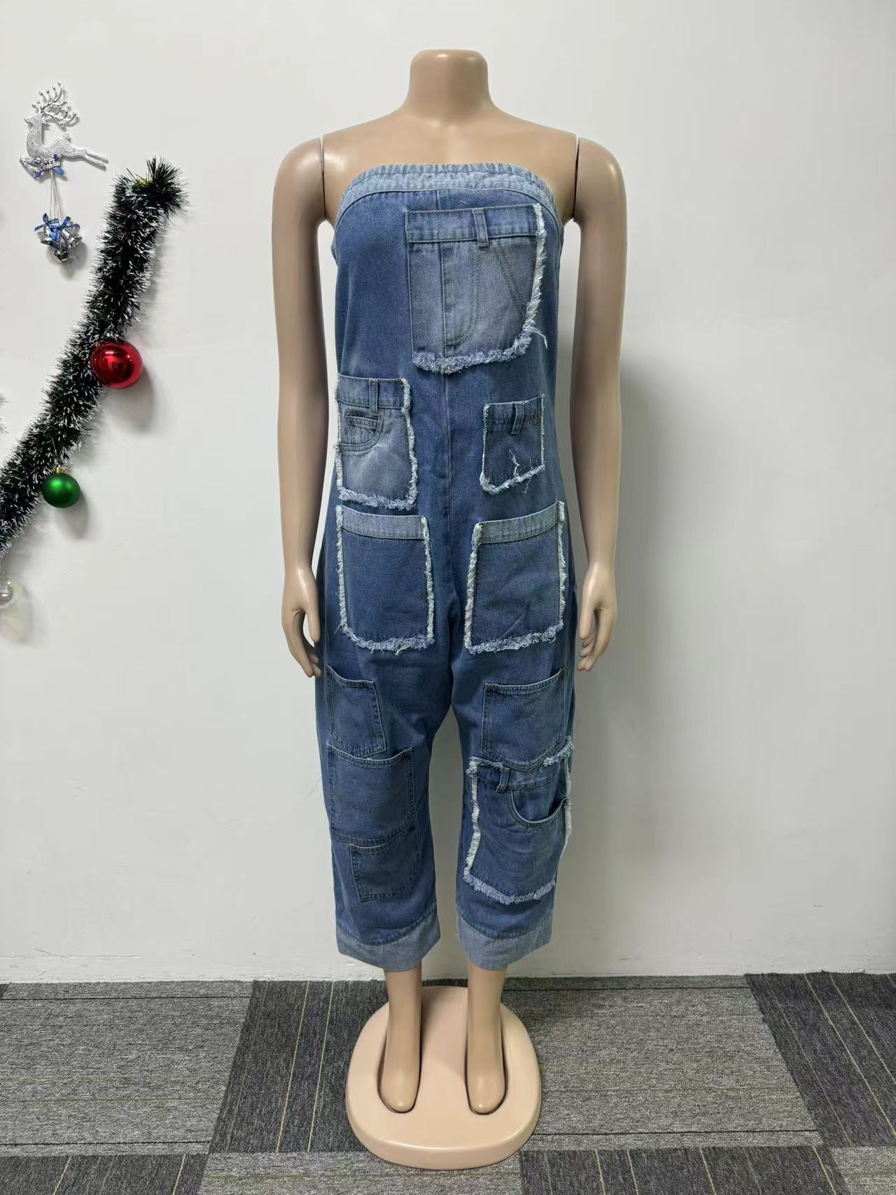 Denim Cargo Multi-Pocket Patchwork Loose Strapless Jumpsuit 7