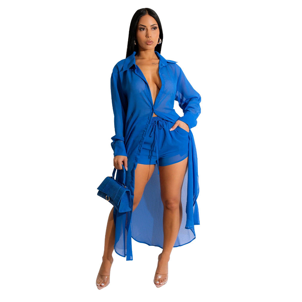 Women See-Through Solidchiffon Long Shirt and Shorts Two-Piece Set 17