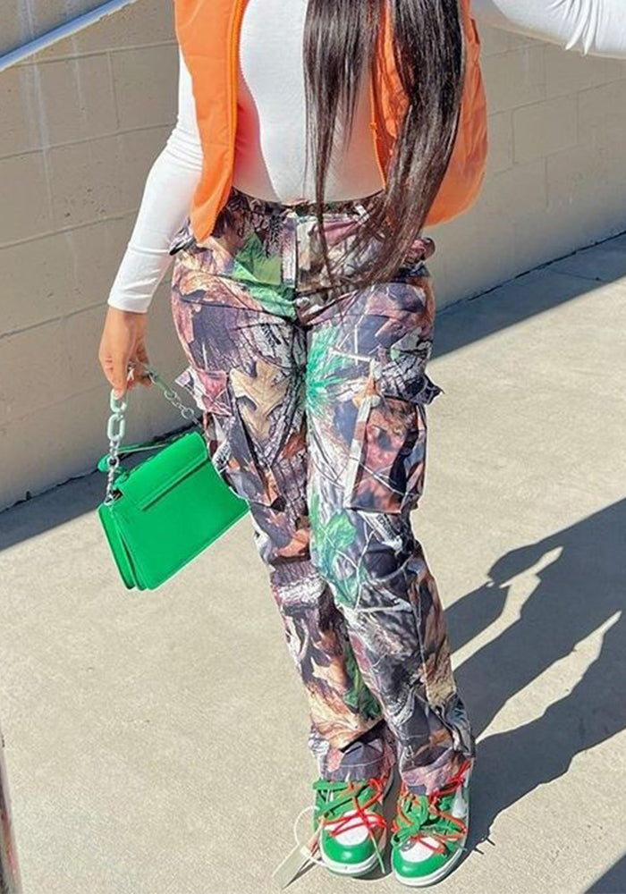 Women Autumn and Winter Leaf Print Straight Pockets Cargo Pants