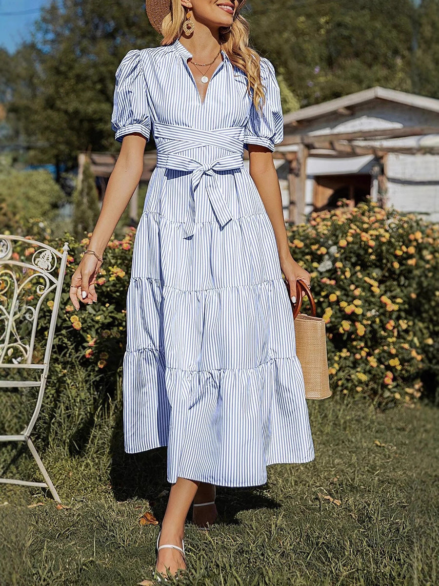 Women High Waist Striped Printed Short Sleeve Dress 5