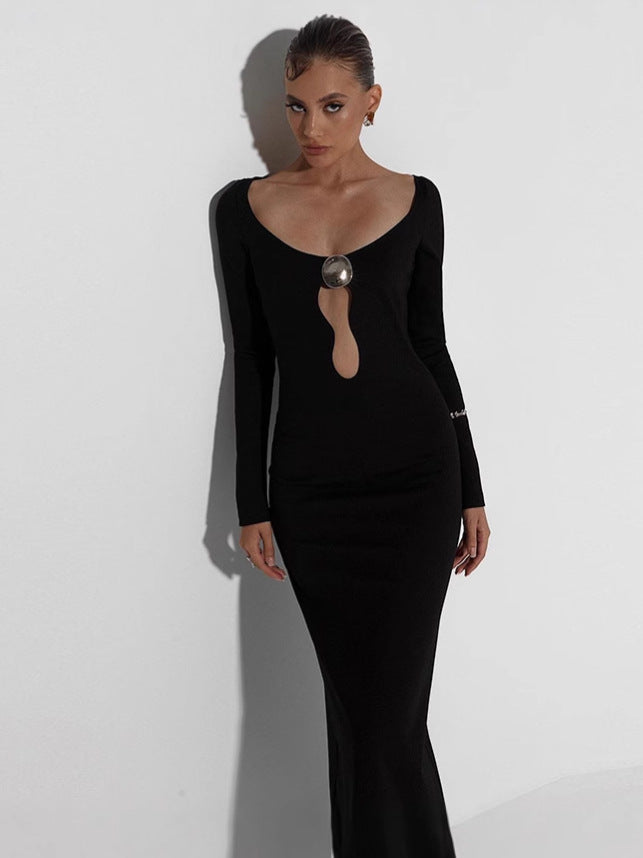 Autumn Winter Women's Clothing Mesh Patchwork V-Neck Split Long-Sleeved Slim Bodycon Dress