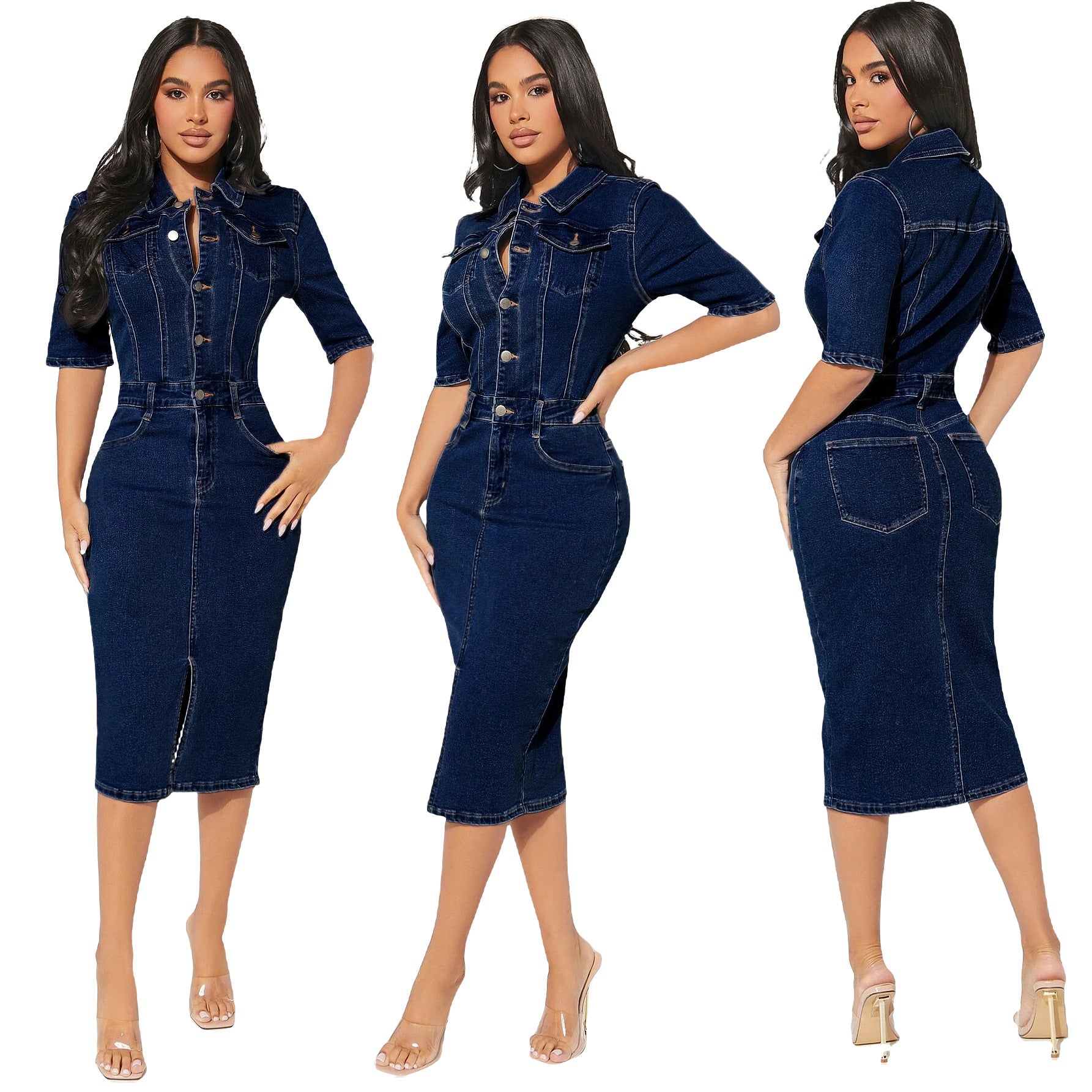 Ladies Elastic Breasted Denim Bodycon Dress 4