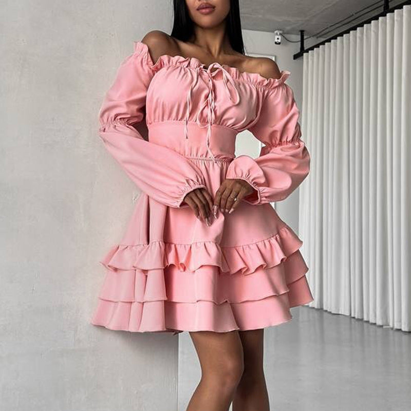 Solid Color Off Shoulder Puff Sleeve Sexy Summer Dress 6