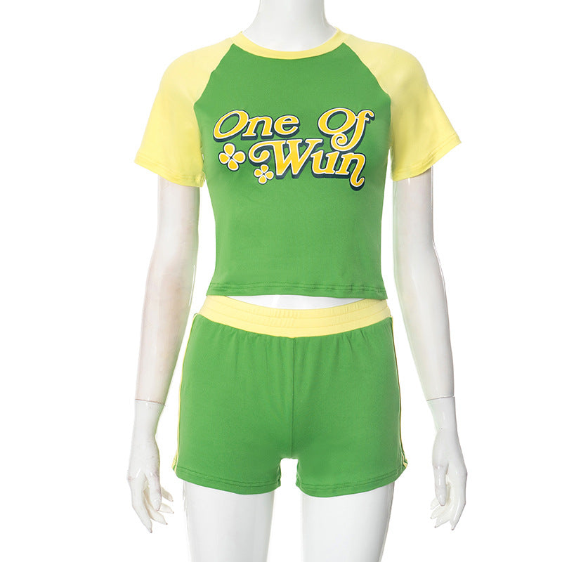 Women Spring and Summer Round Neck Contrast Color Patchwork Letter Ruber Print Top and Shorts Two-piece Set 7