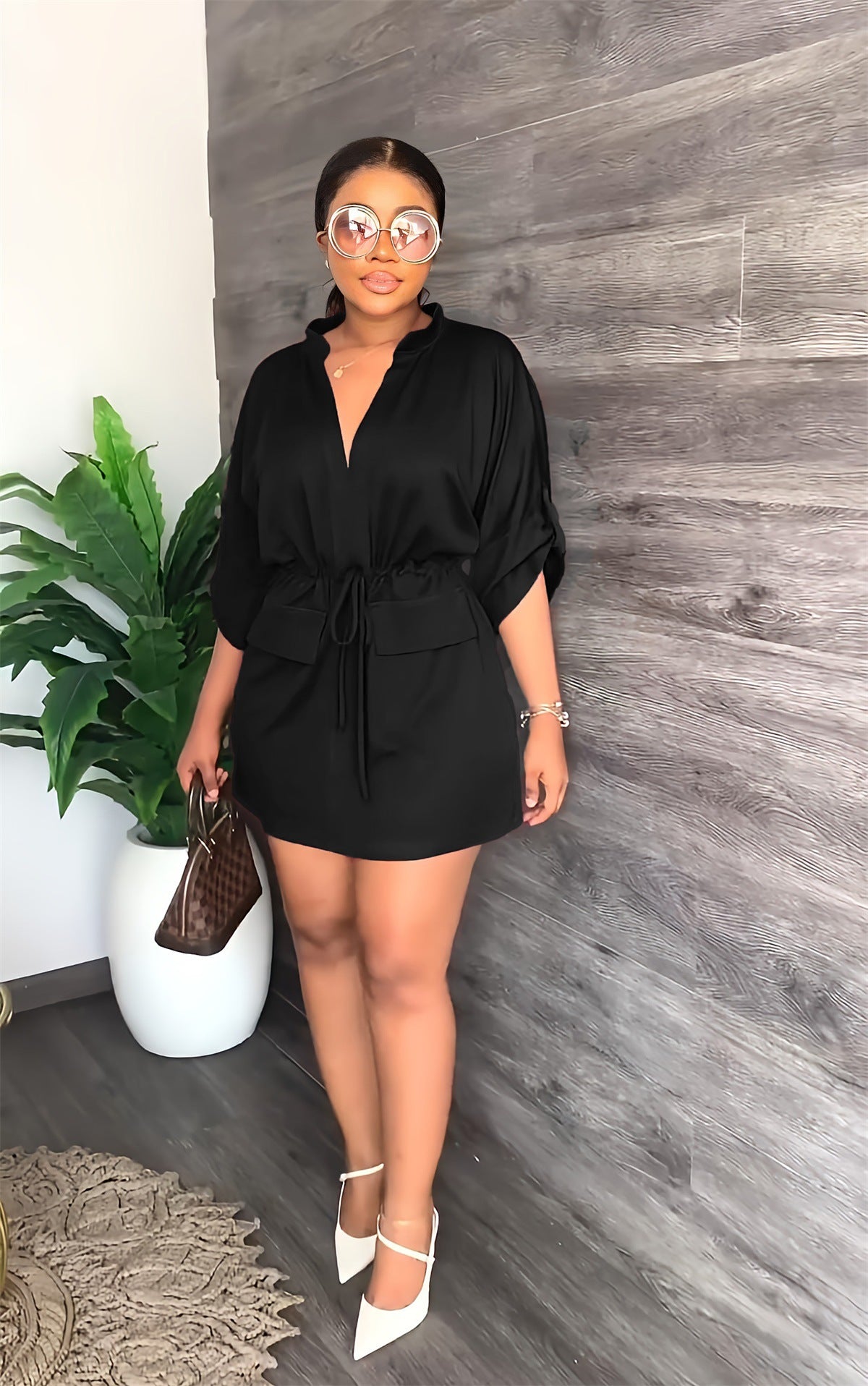 V-neck loose waist tooling skirt summer casual women's dress 3