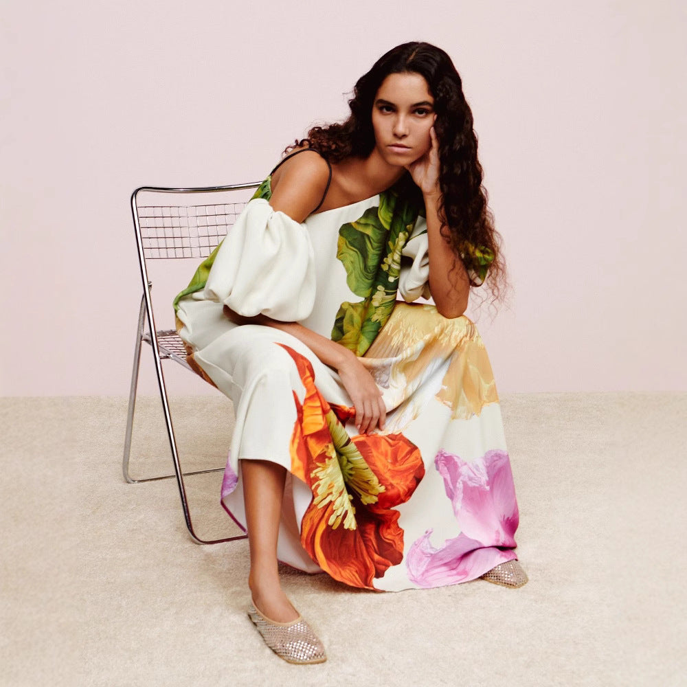 Women Spring/Summer Slash Shoulder Print Casual Holiday Dress 4