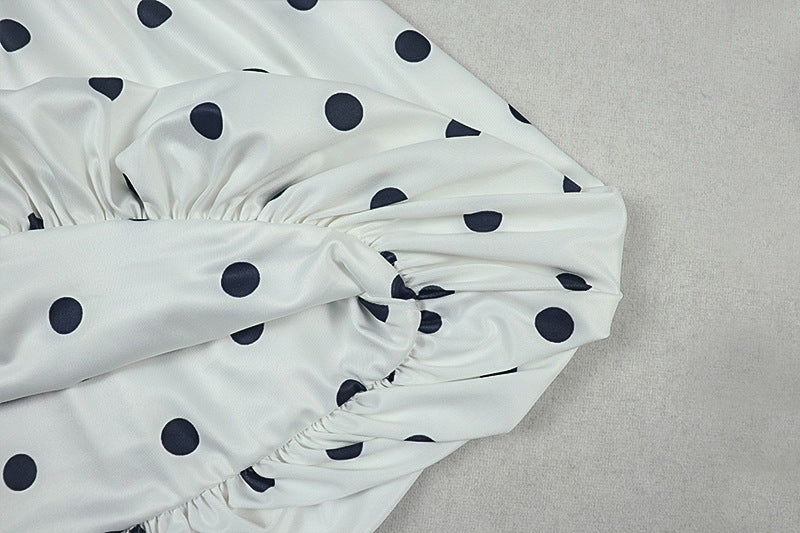 Women Black and White Polka Dot Pleated Halter Neck Sleeveless Dress 17