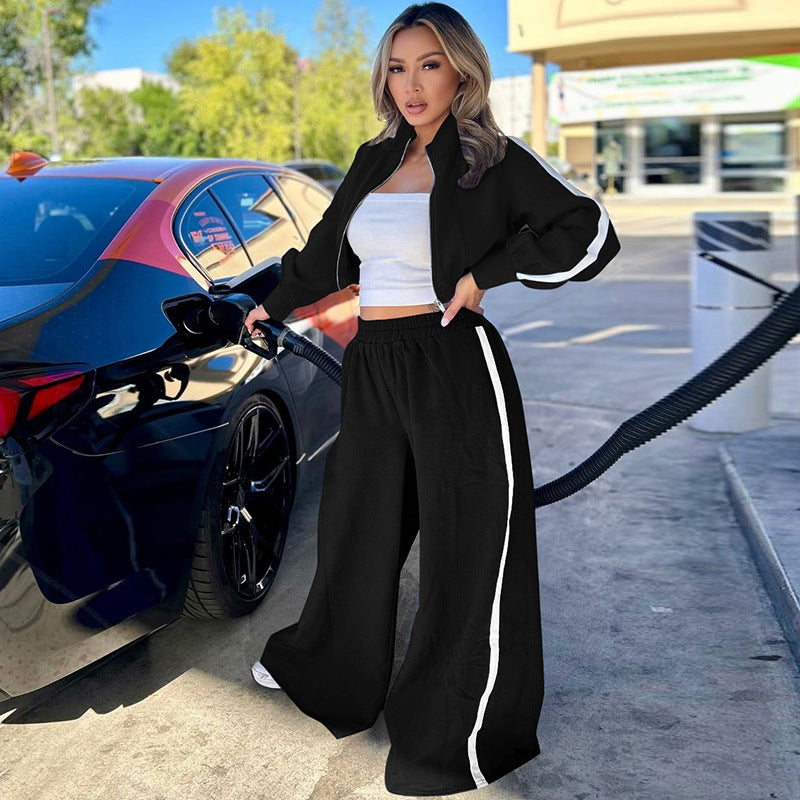 Women's Autumn Fashion Zipper Long Sleeve Top Wide Leg Pants Casual Sports Two Piece Set 7