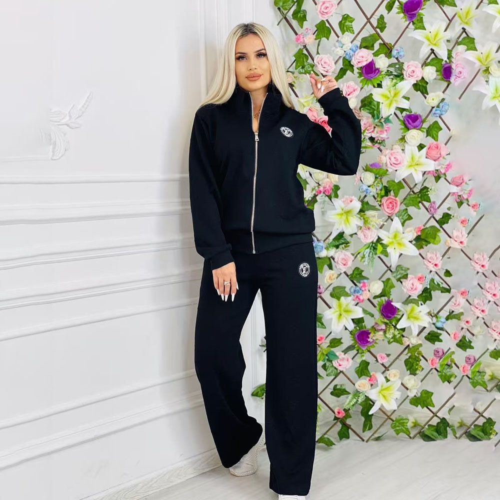 Women Embossed Embroidered Sport Ribbed Zipper Top and Pant Two Piece 10