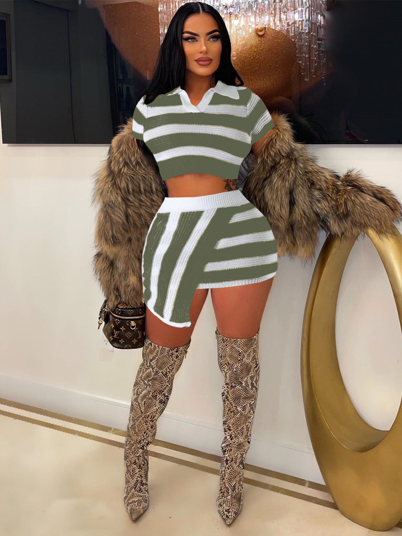 Women's Turndown Collar Short-Sleeved Striped Color-Blocking Knitting Top Slim Mini Skirt Two-Piece Set 6