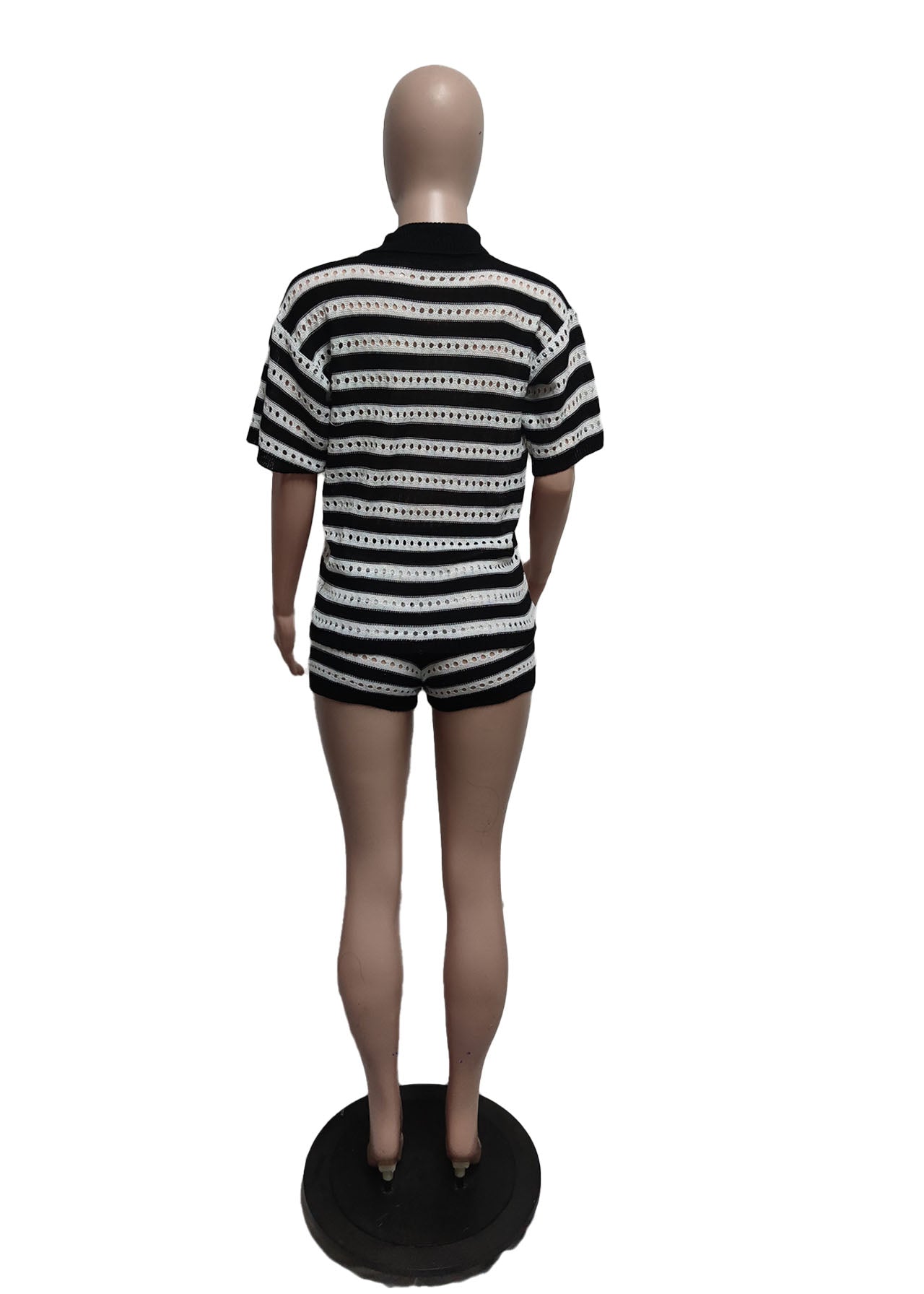 Women Sexy Hollow See-Through Turndown Collar Top and Knitting ShortsTwo Piece Set 6